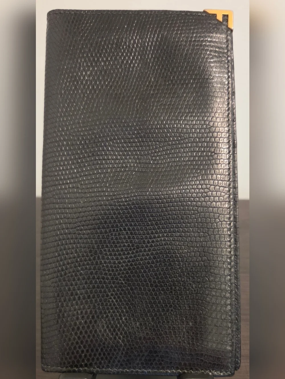 Salvatore Ferragamo Black Lizard Embossed Leather Long Wallet Gold Corner Italy